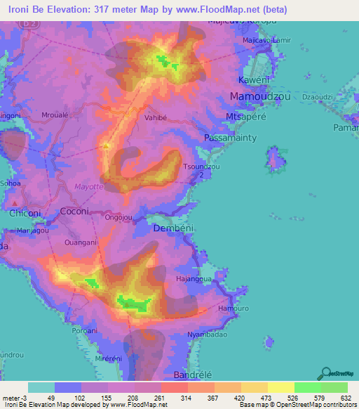 Ironi Be,Mayotte Elevation Map