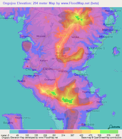 Ongojou,Mayotte Elevation Map