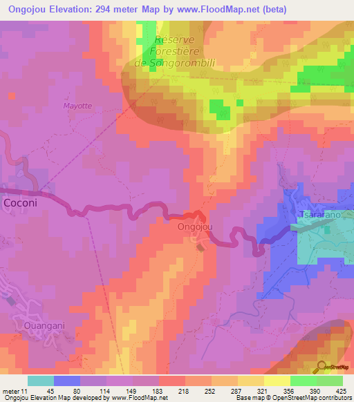 Ongojou,Mayotte Elevation Map
