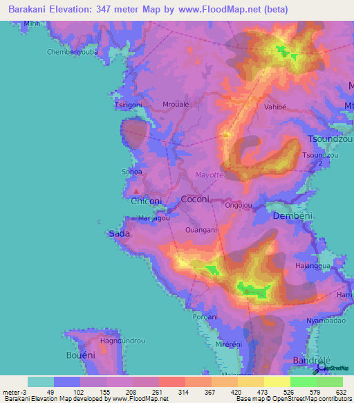 Barakani,Mayotte Elevation Map