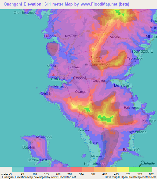 Ouangani,Mayotte Elevation Map