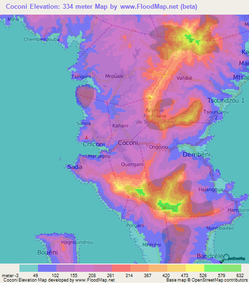 Coconi,Mayotte Elevation Map