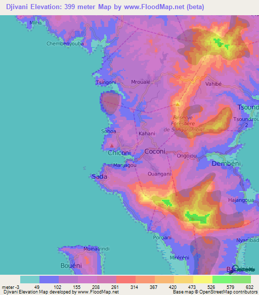 Djivani,Mayotte Elevation Map