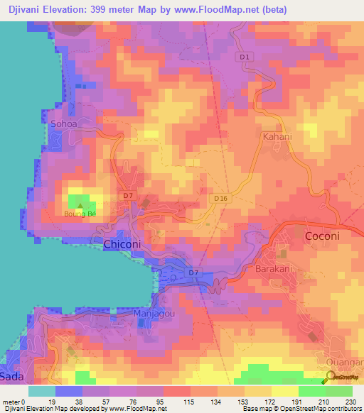 Djivani,Mayotte Elevation Map