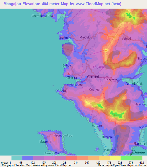 Mangajou,Mayotte Elevation Map