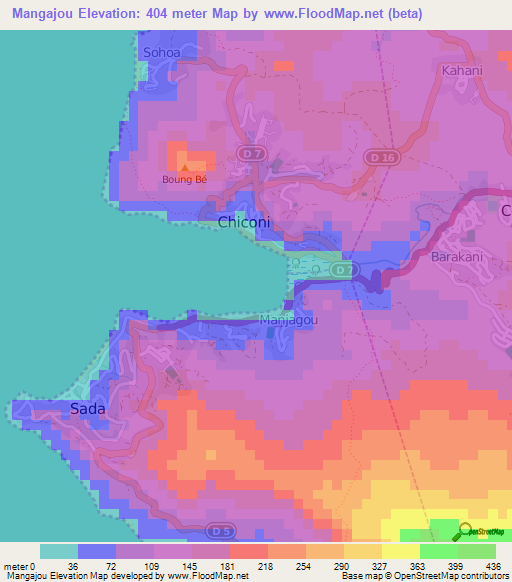 Mangajou,Mayotte Elevation Map