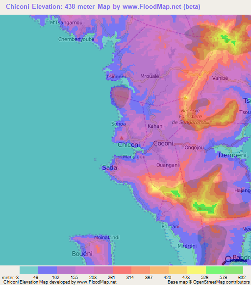 Chiconi,Mayotte Elevation Map