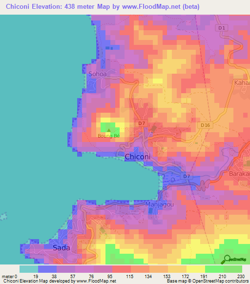 Chiconi,Mayotte Elevation Map