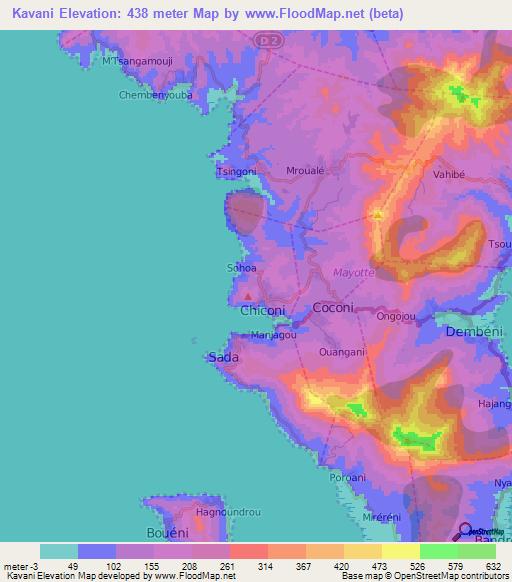 Kavani,Mayotte Elevation Map