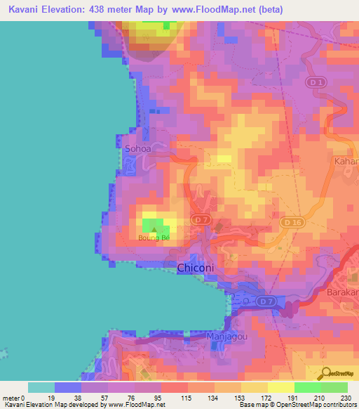 Kavani,Mayotte Elevation Map