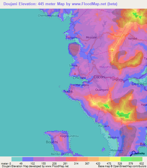 Doujani,Mayotte Elevation Map