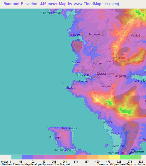 Bandrani,Mayotte Elevation Map