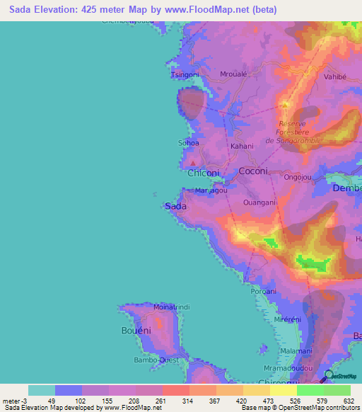 Sada,Mayotte Elevation Map