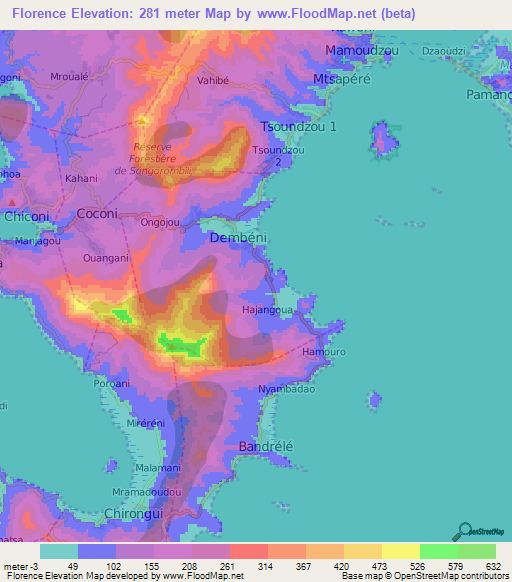 Florence,Mayotte Elevation Map