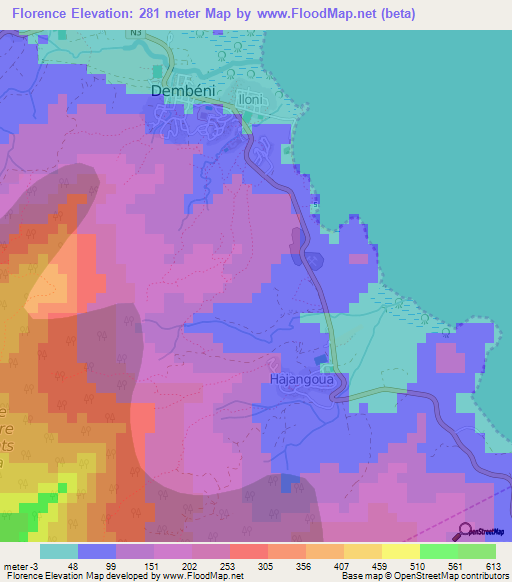 Florence,Mayotte Elevation Map