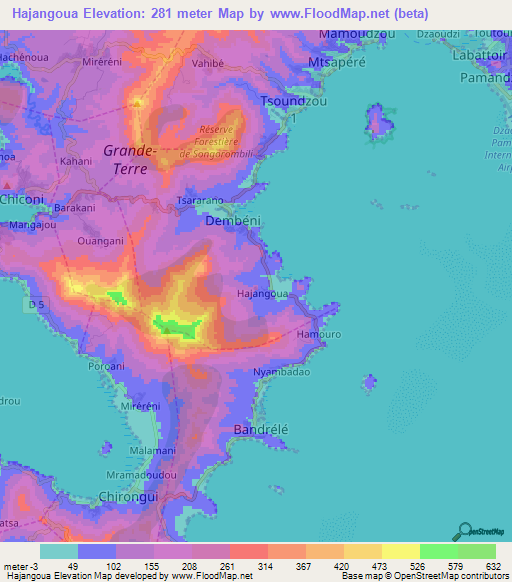 Hajangoua,Mayotte Elevation Map