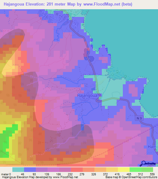 Hajangoua,Mayotte Elevation Map