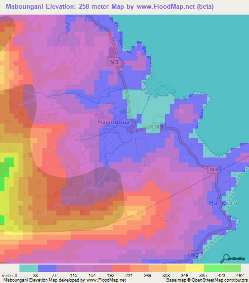 Maboungani,Mayotte Elevation Map