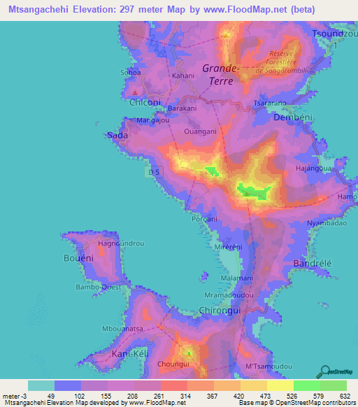 Mtsangachehi,Mayotte Elevation Map