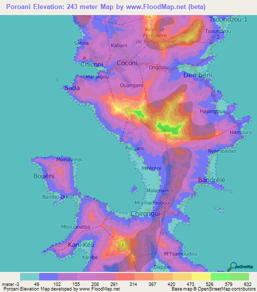 Poroani,Mayotte Elevation Map