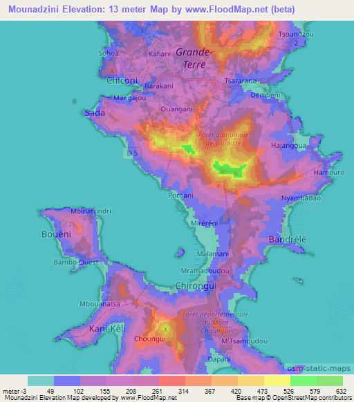 Mounadzini,Mayotte Elevation Map