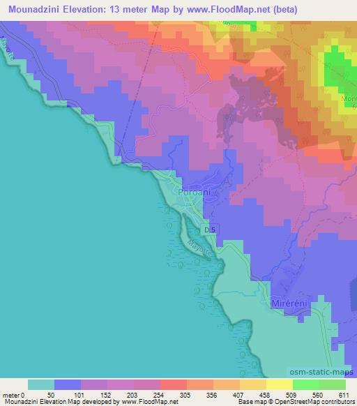 Mounadzini,Mayotte Elevation Map