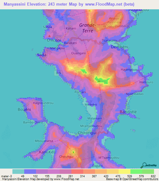 Manyassini,Mayotte Elevation Map