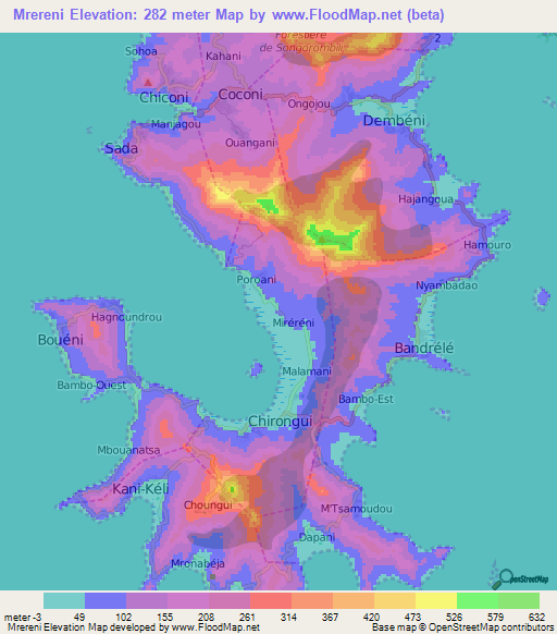 Mrereni,Mayotte Elevation Map