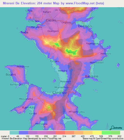 Mrereni Be,Mayotte Elevation Map