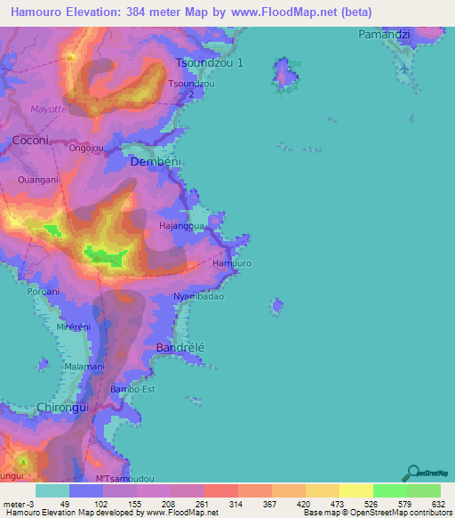 Hamouro,Mayotte Elevation Map