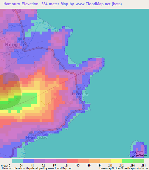 Hamouro,Mayotte Elevation Map