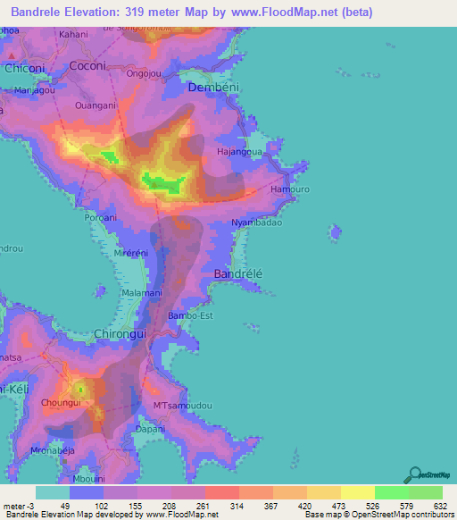 Bandrele,Mayotte Elevation Map