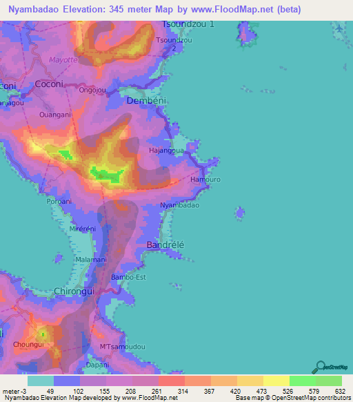 Nyambadao,Mayotte Elevation Map