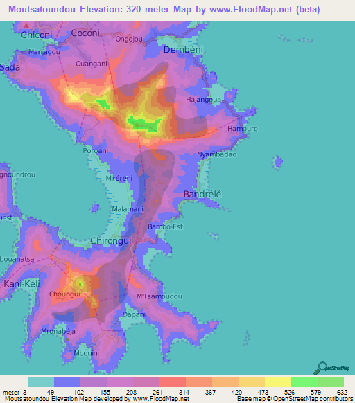 Moutsatoundou,Mayotte Elevation Map