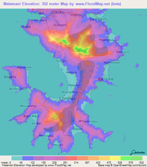 Malamani,Mayotte Elevation Map