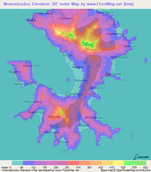 Mramadoudou,Mayotte Elevation Map