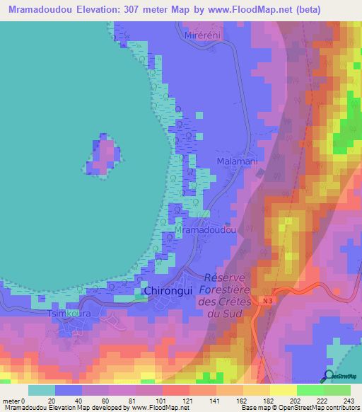 Mramadoudou,Mayotte Elevation Map