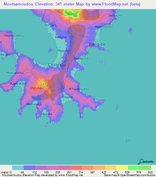 Moutsamoudou,Mayotte Elevation Map