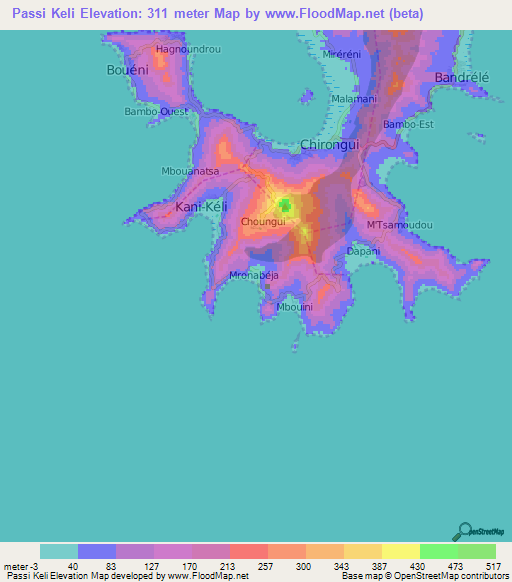 Passi Keli,Mayotte Elevation Map