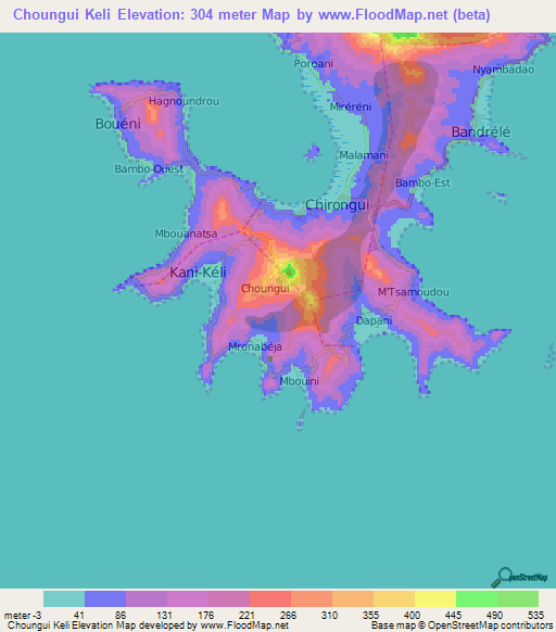 Choungui Keli,Mayotte Elevation Map