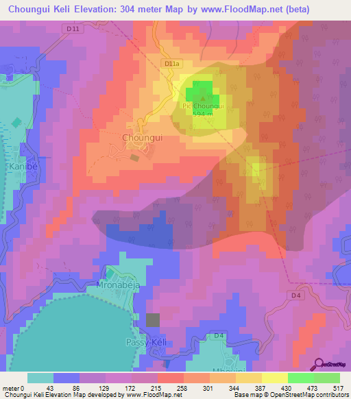 Choungui Keli,Mayotte Elevation Map