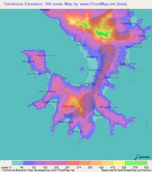 Tsimkoura,Mayotte Elevation Map