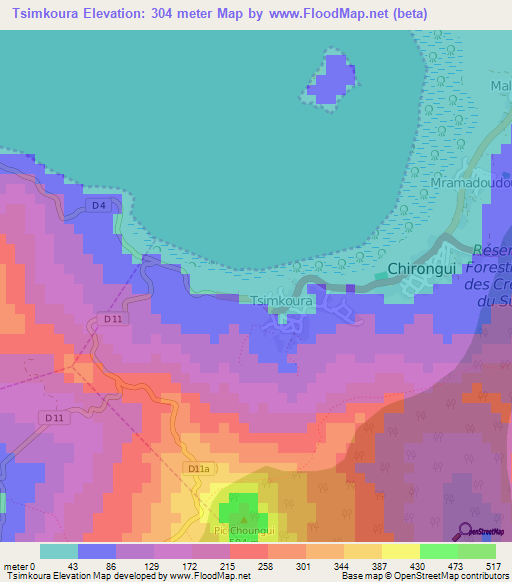 Tsimkoura,Mayotte Elevation Map