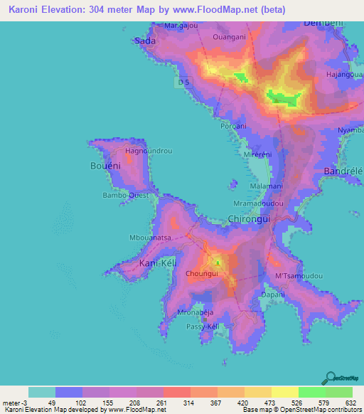 Karoni,Mayotte Elevation Map