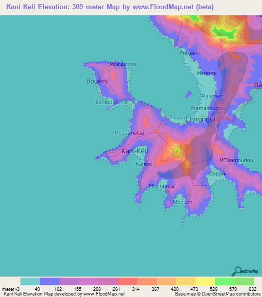 Kani Keli,Mayotte Elevation Map