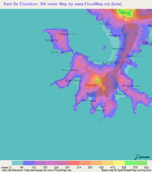 Kani Be,Mayotte Elevation Map