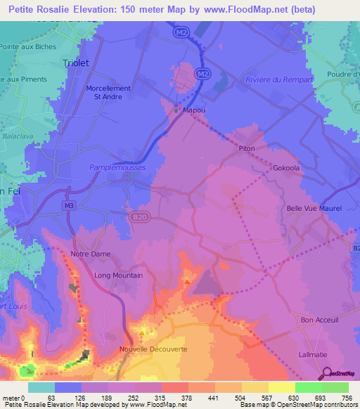 Petite Rosalie,Mauritius Elevation Map