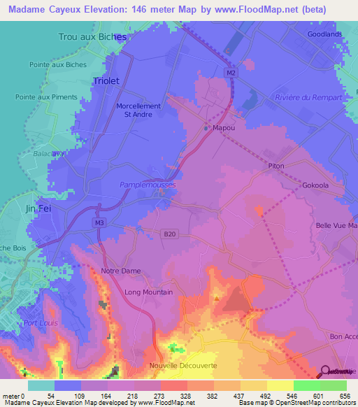 Madame Cayeux,Mauritius Elevation Map