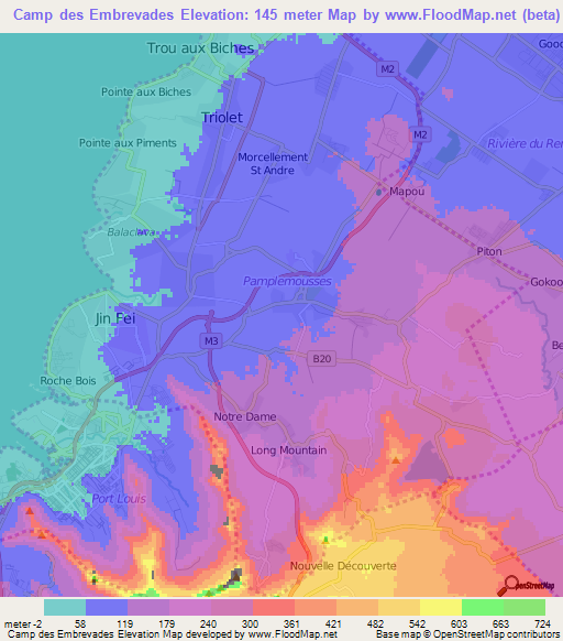 Camp des Embrevades,Mauritius Elevation Map