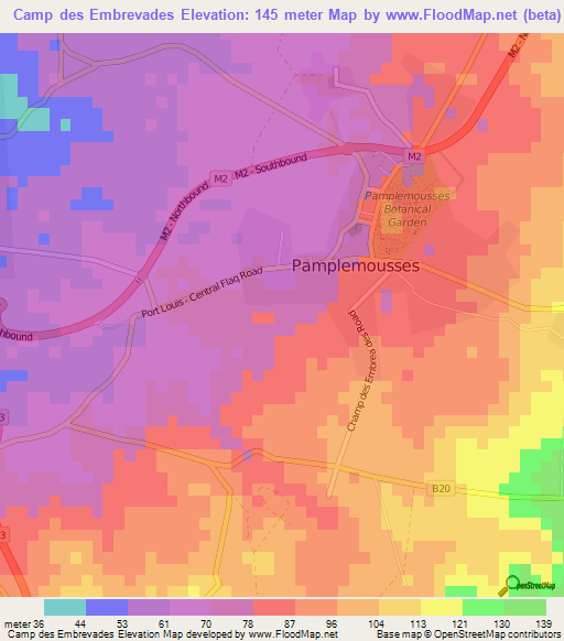 Camp des Embrevades,Mauritius Elevation Map